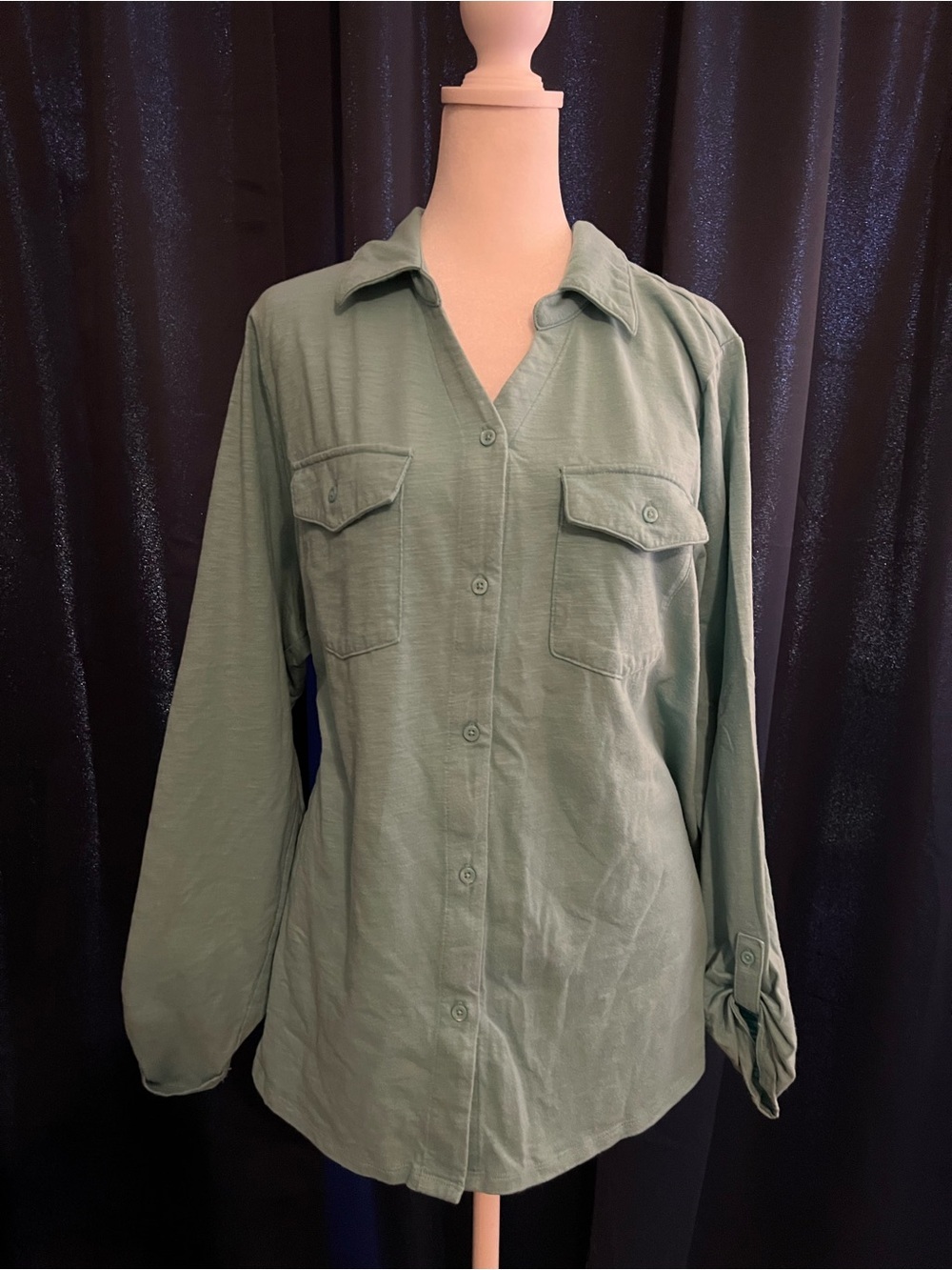 Croft & Barrow 1X Muted Teal Button Front Utility Shirt Plus Size Blouse